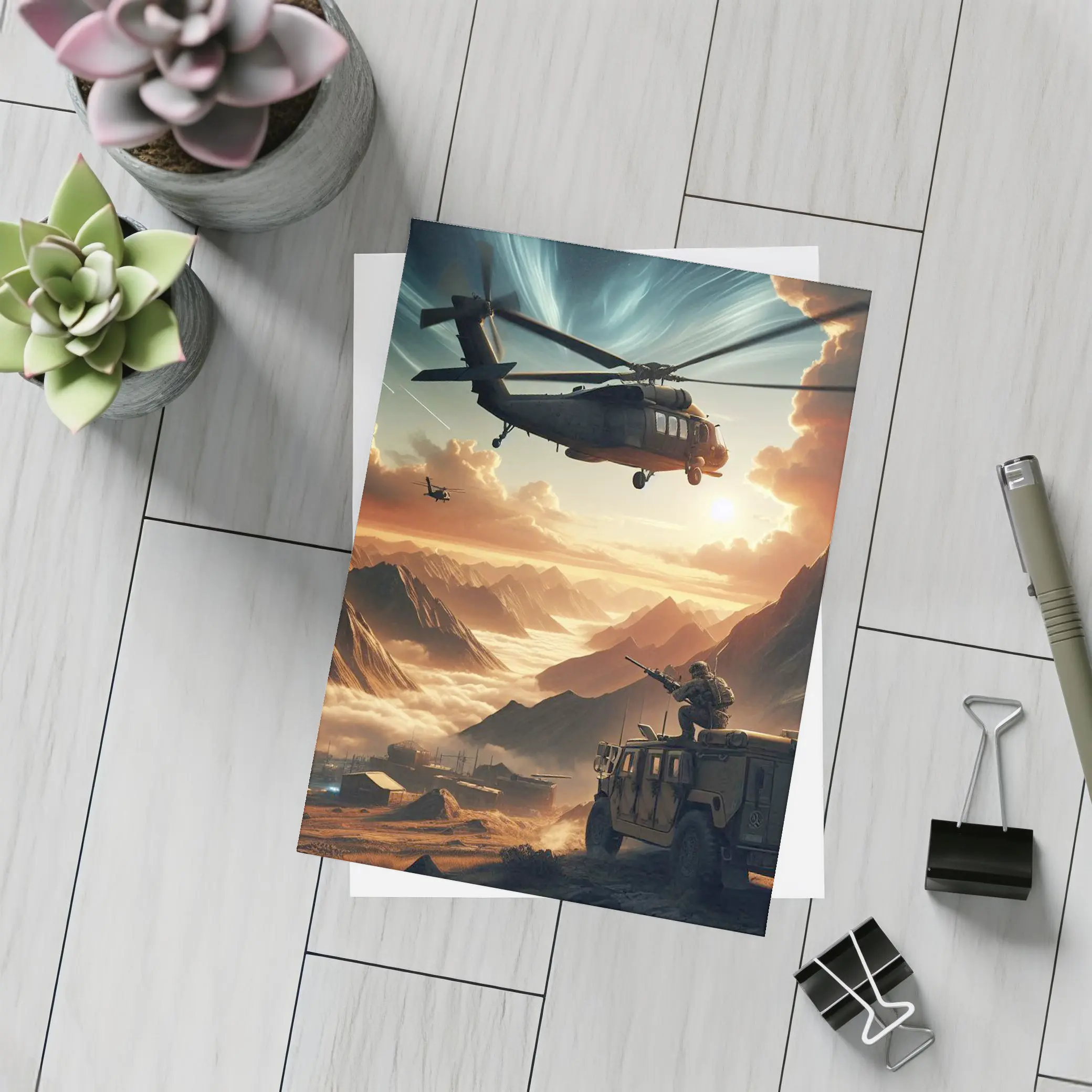 Military Helicopter Soldier Mountain Sunset Scene – Postcards