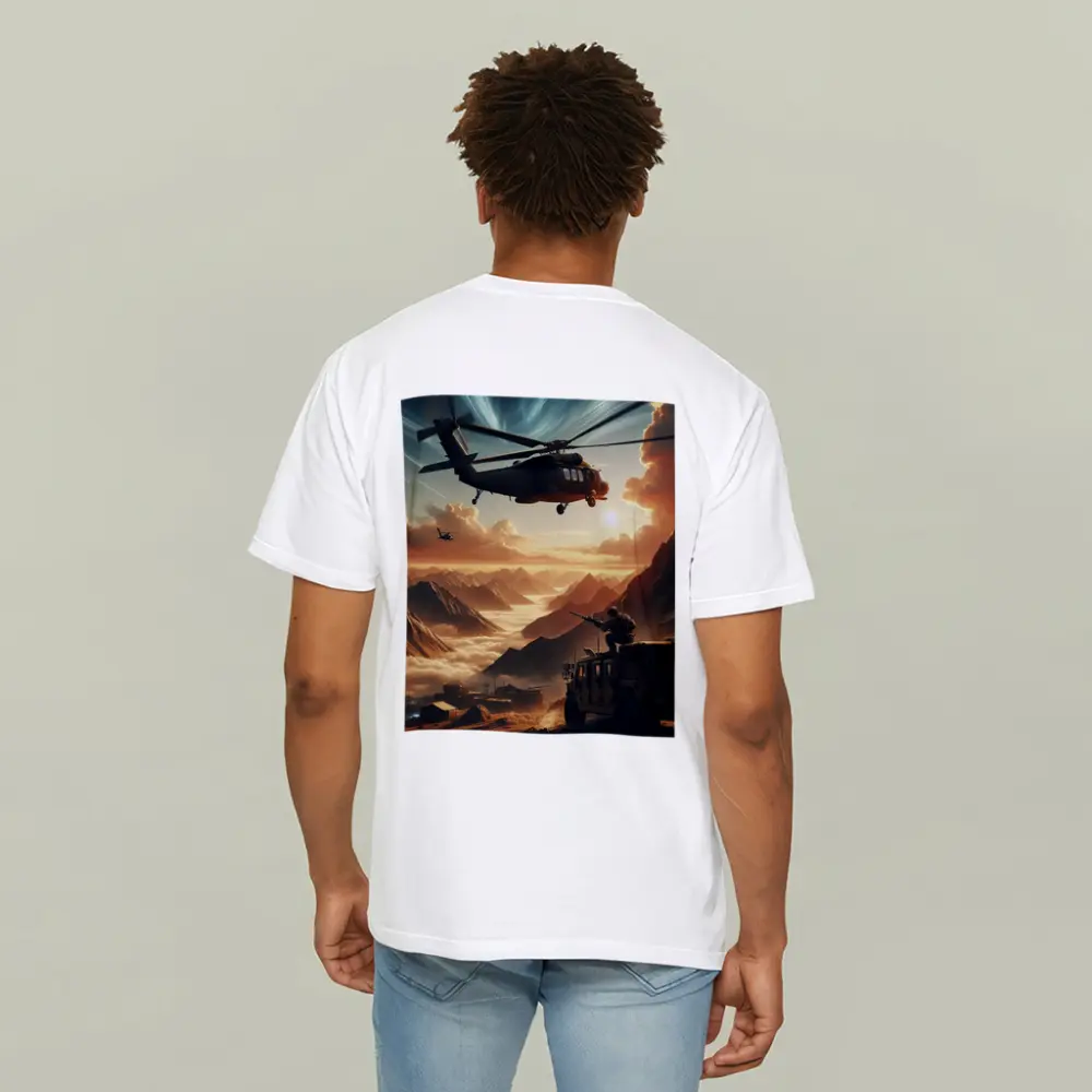 Military Helicopter Soldier Mountain Sunset Scene – T-Shirts