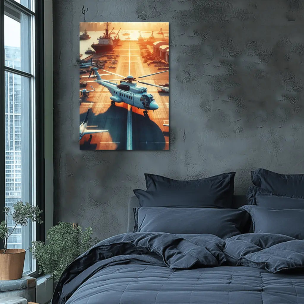 Military Helicopter Aircraft Carrier Sunset Port – Wall Art