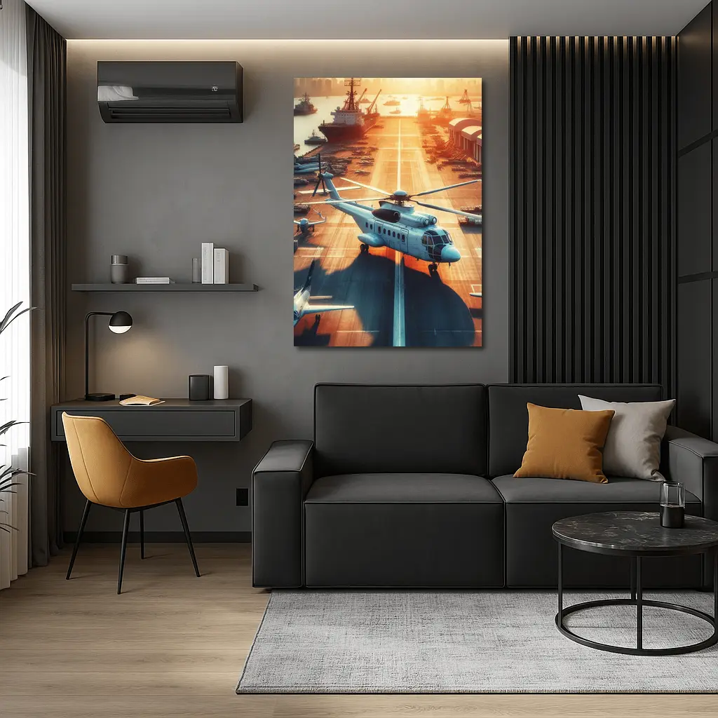 Military Helicopter Aircraft Carrier Sunset Port – Wall Art