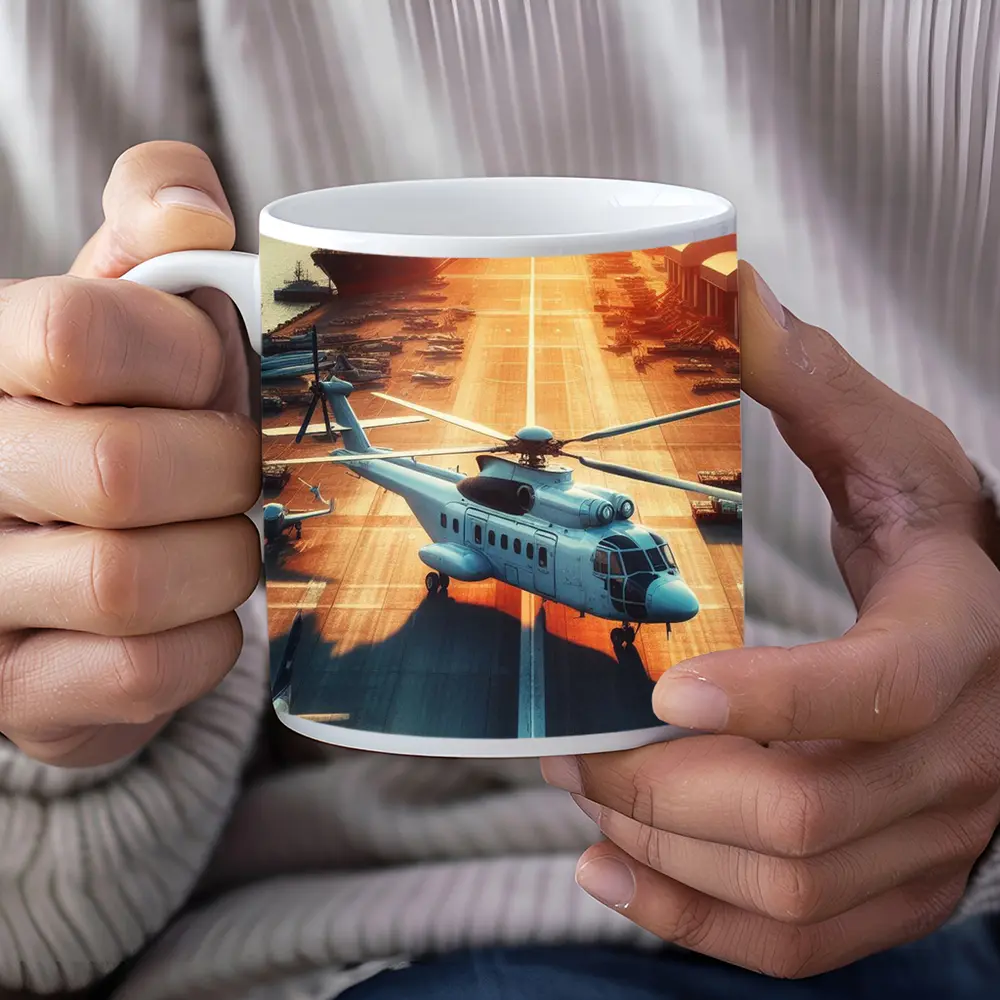Military Helicopter Aircraft Carrier Sunset Port – Mugs