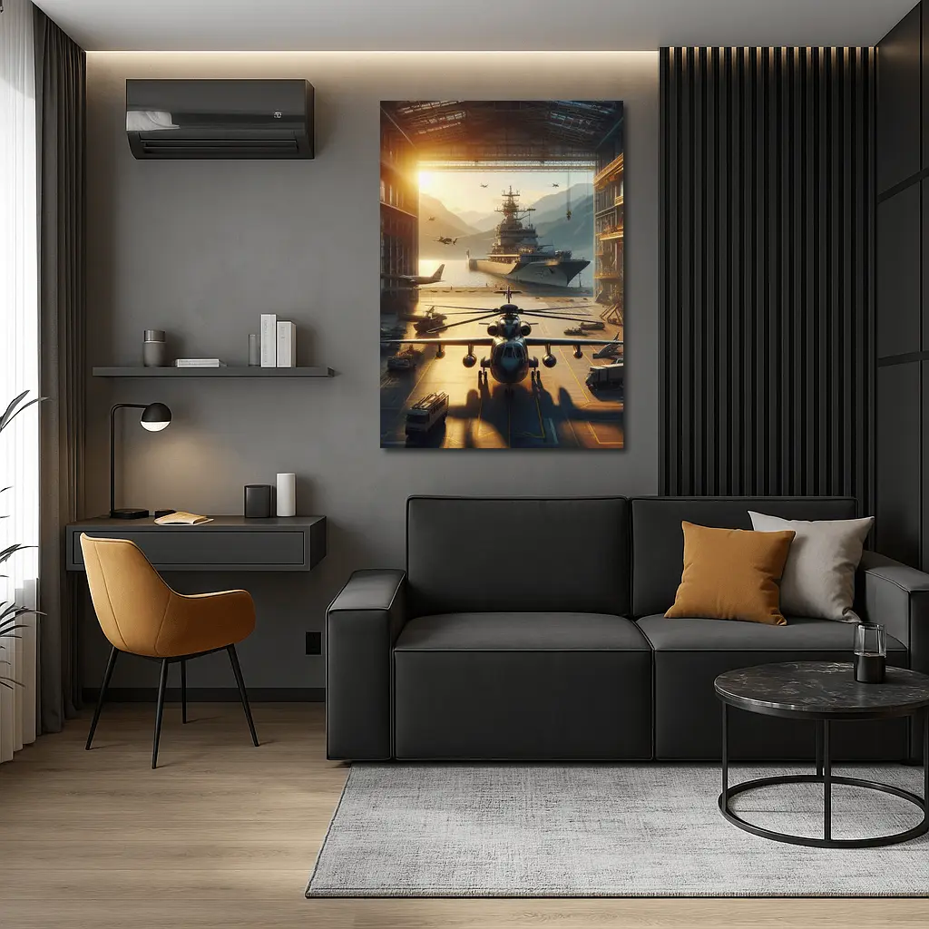 Military Hangar Helicopter Aircraft Carrier Sunset – Wall Art