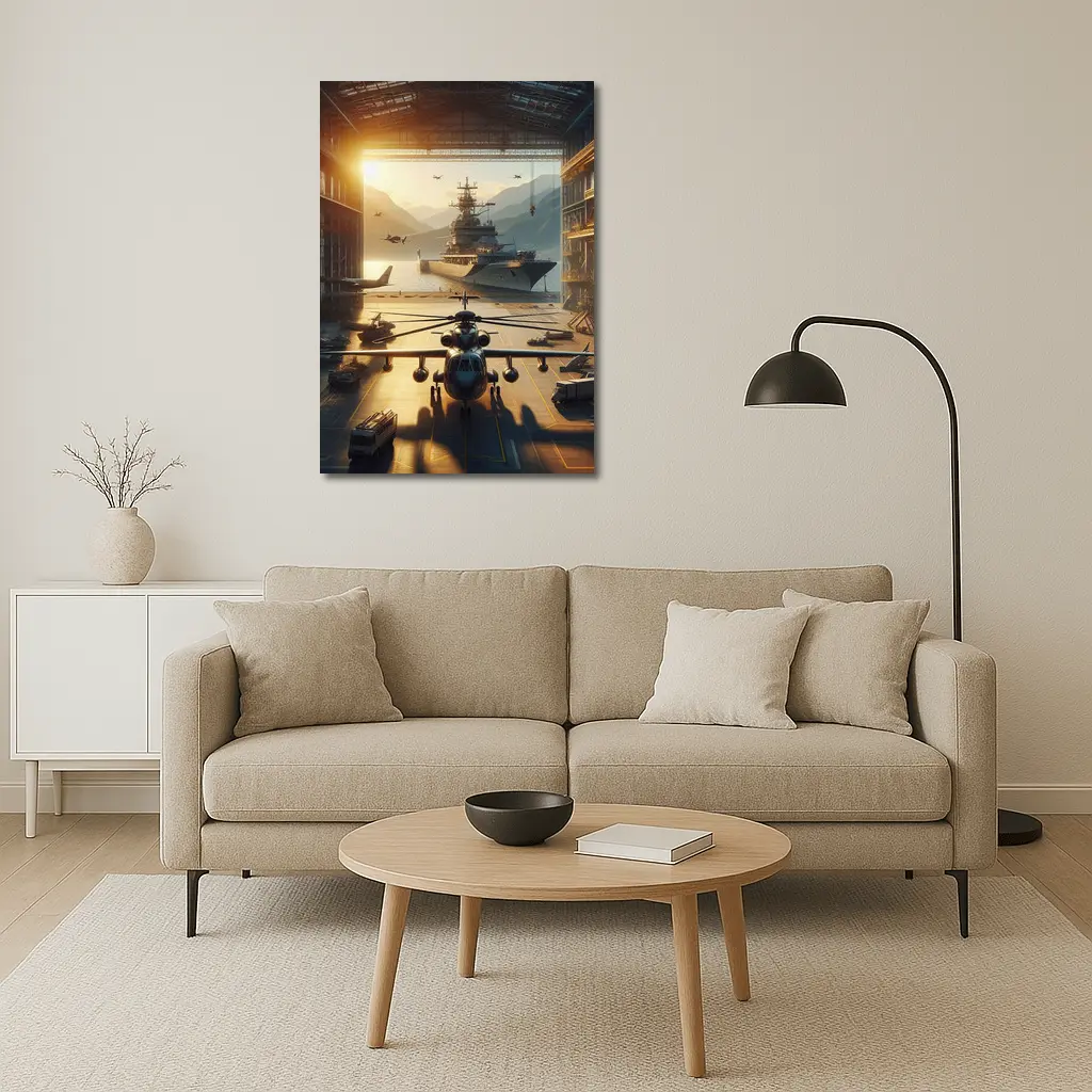 Military Hangar Helicopter Aircraft Carrier Sunset – Wall Art