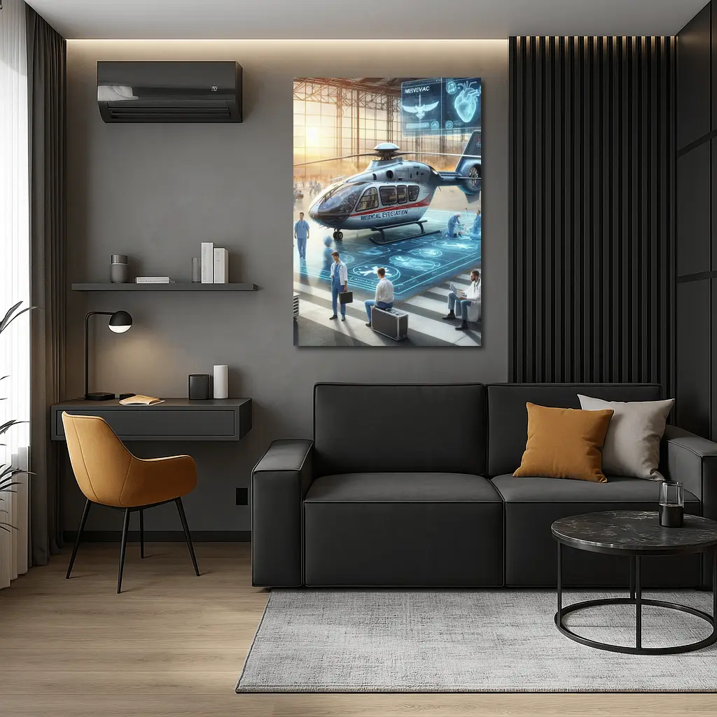 Medical Evacuation Helicopter Hangar Futuristic Scene – Wall Art