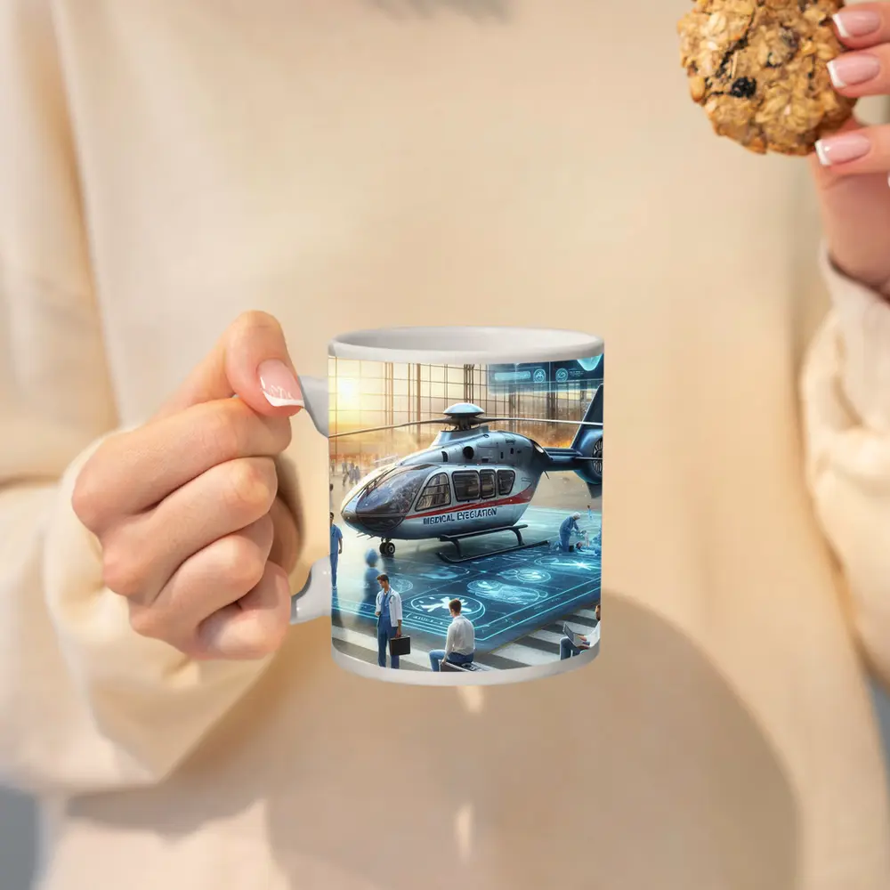 Medical Evacuation Helicopter Hangar Futuristic Scene – Mugs