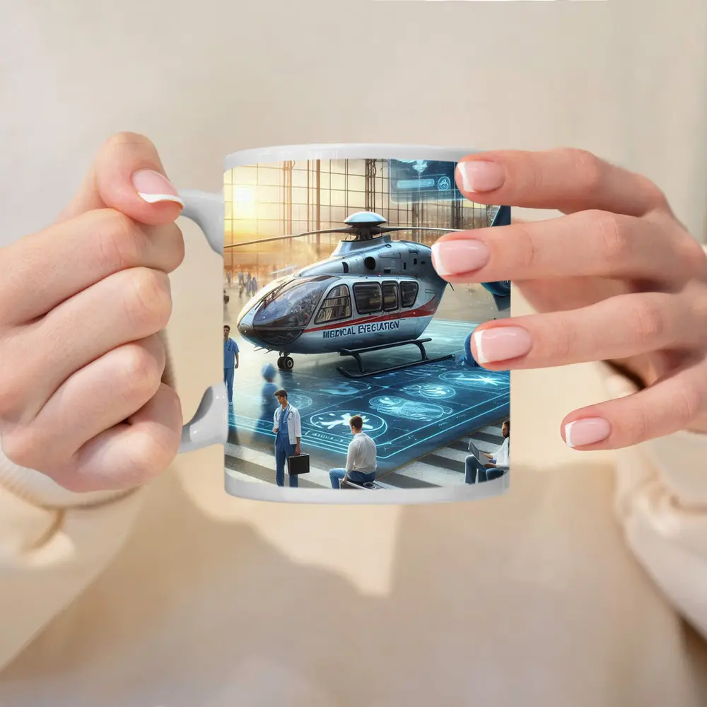 Medical Evacuation Helicopter Hangar Futuristic Scene – Mugs