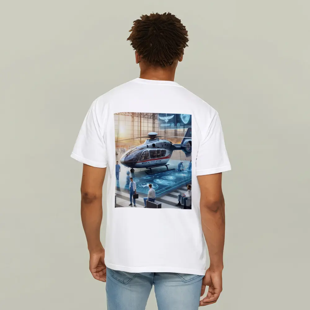 Medical Evacuation Helicopter Hangar Futuristic Scene – T-Shirts