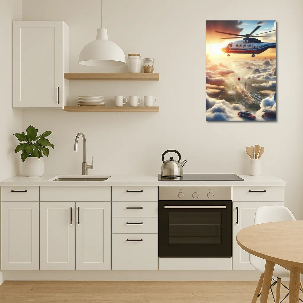Rescue Helicopter Flying Above City Clouds – Wall Art