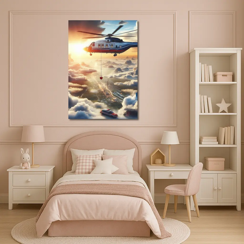 Rescue Helicopter Flying Above City Clouds – Wall Art