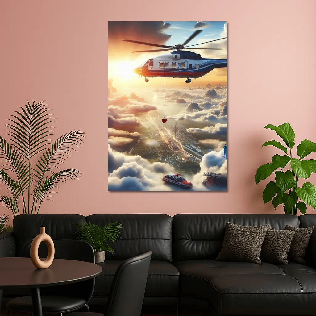 Rescue Helicopter Flying Above City Clouds – Wall Art