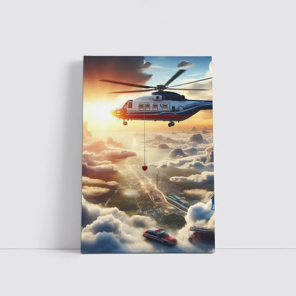 Rescue Helicopter Flying Above City Clouds – Wall Art