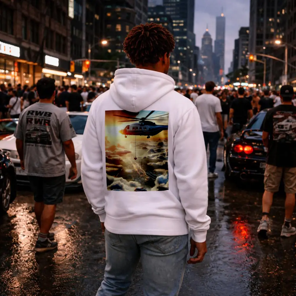 Rescue Helicopter Flying Above City Clouds – Hoodies