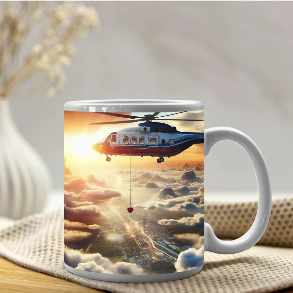 Rescue Helicopter Flying Above City Clouds – Mugs