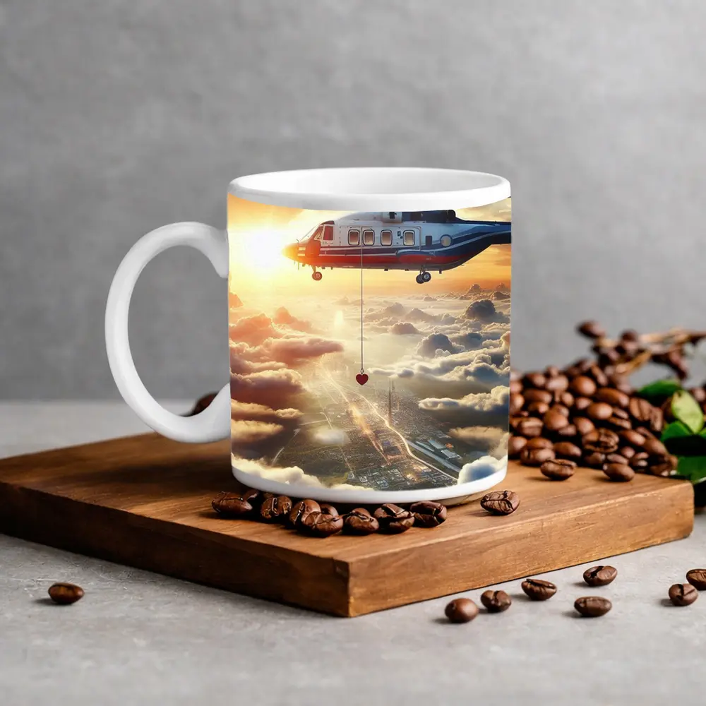 Rescue Helicopter Flying Above City Clouds – Mugs