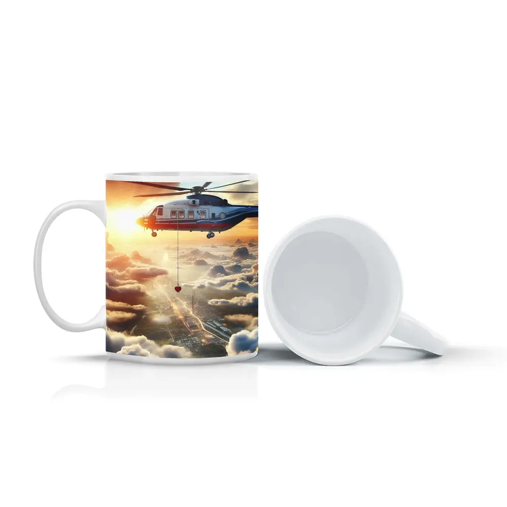 Rescue Helicopter Flying Above City Clouds – Mugs