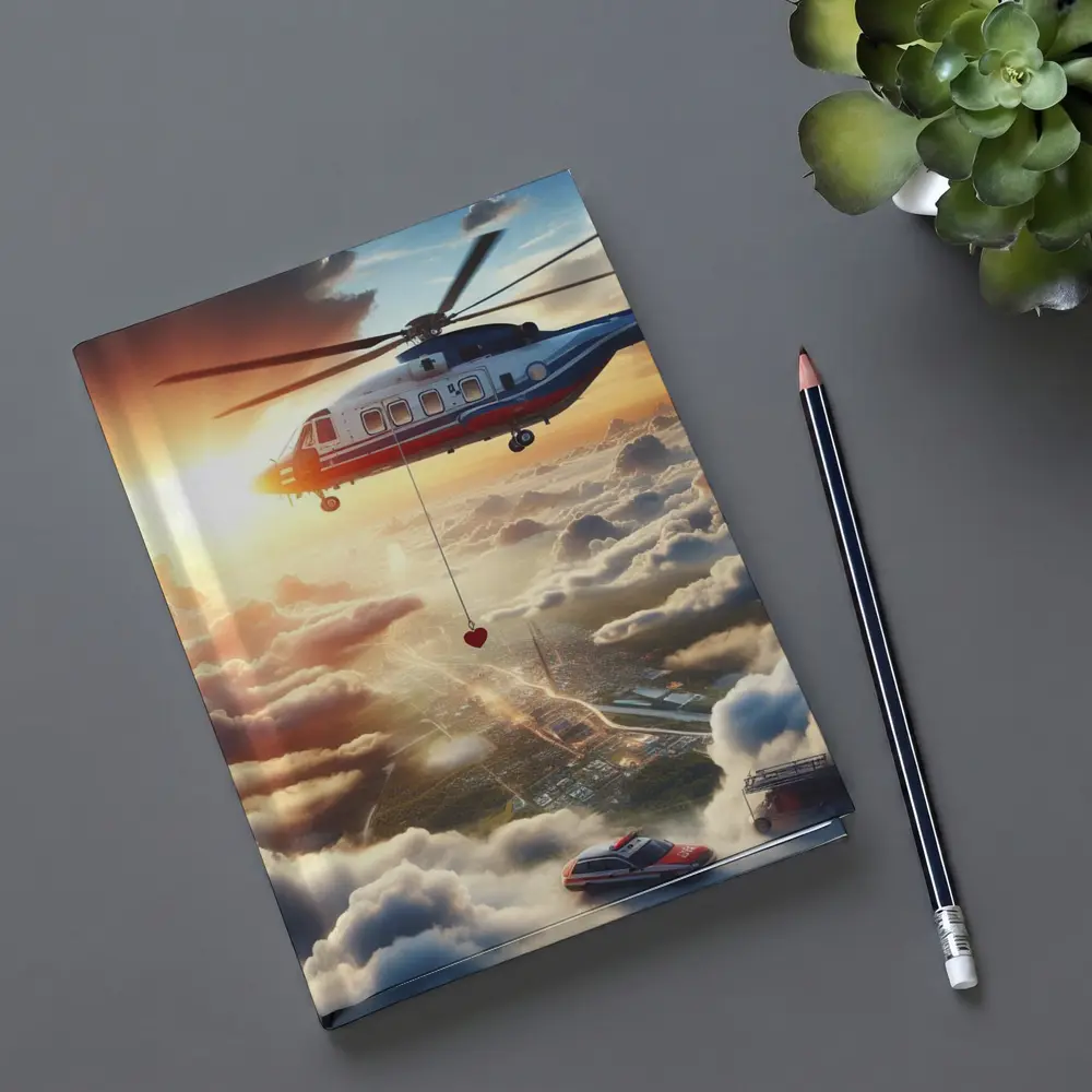 Rescue Helicopter Flying Above City Clouds – Notebooks