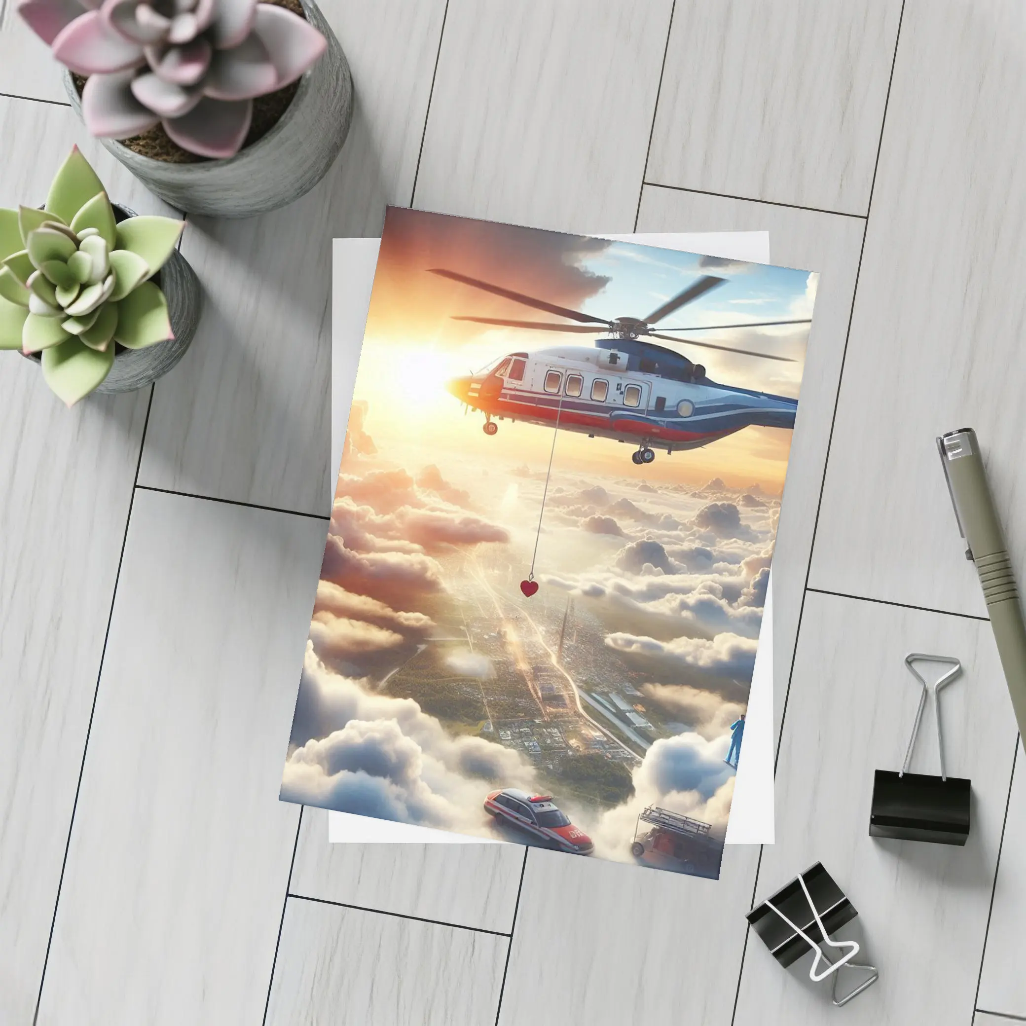 Rescue Helicopter Flying Above City Clouds – Postcards