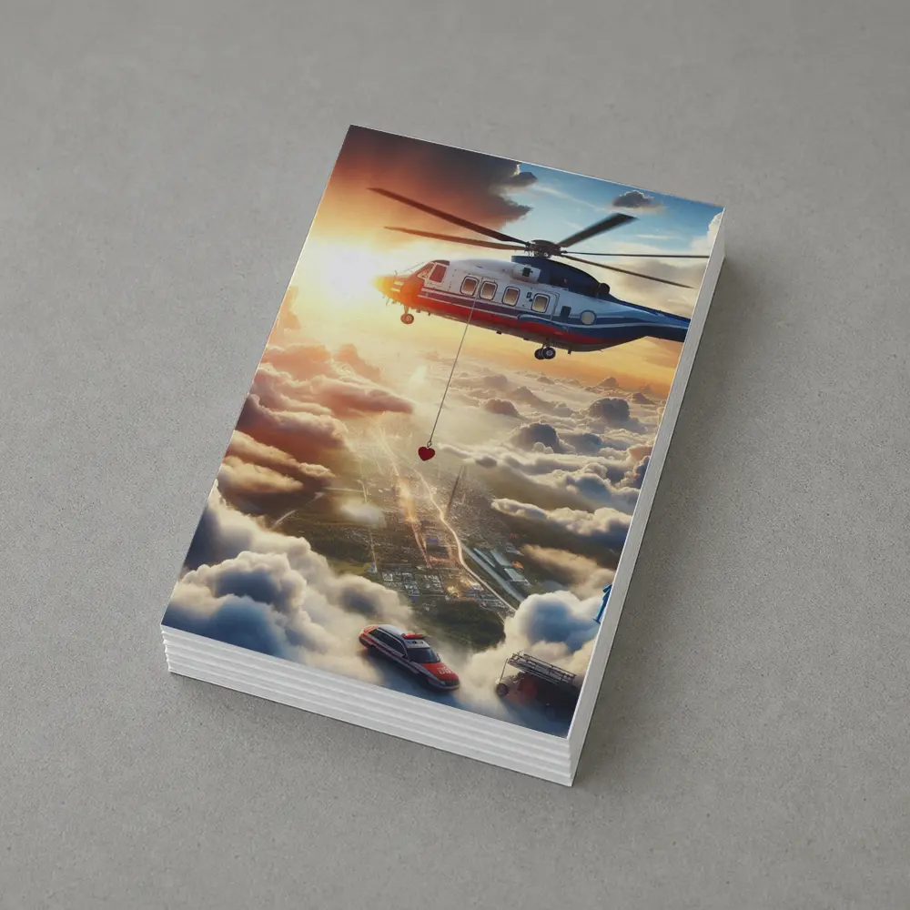 Rescue Helicopter Flying Above City Clouds – Postcards