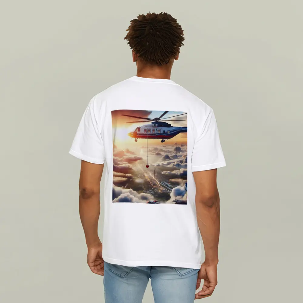Rescue Helicopter Flying Above City Clouds – T-Shirts