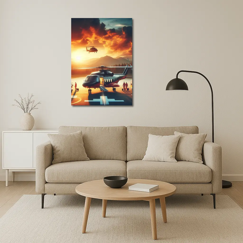 Helicopters on Tarmac Fiery Sunset Sky – Wall Art