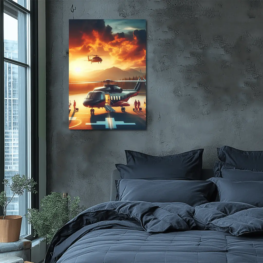 Helicopters on Tarmac Fiery Sunset Sky – Wall Art