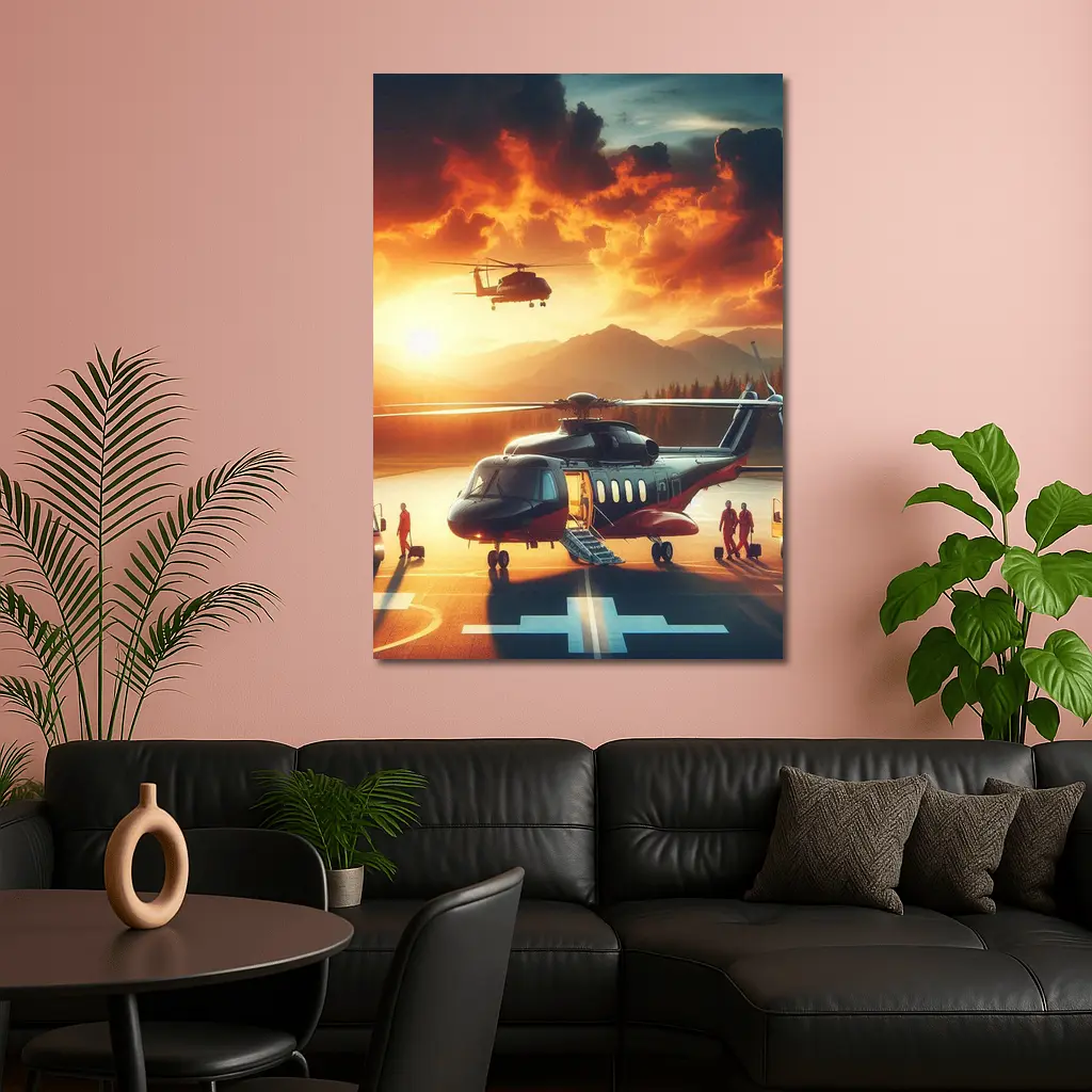 Helicopters on Tarmac Fiery Sunset Sky – Wall Art