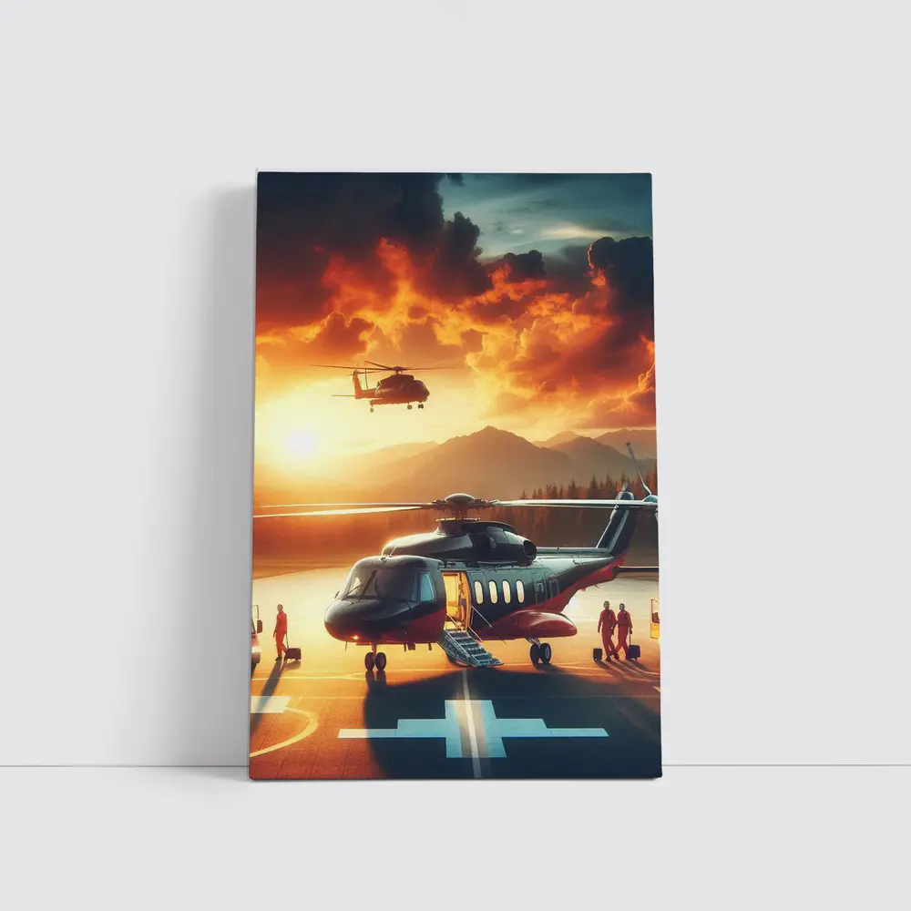 Helicopters on Tarmac Fiery Sunset Sky – Wall Art