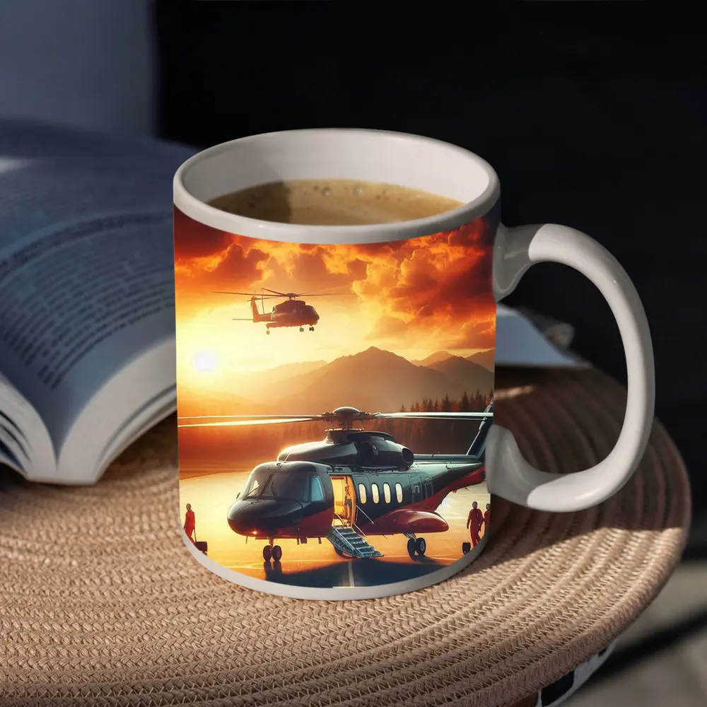 Helicopters on Tarmac Fiery Sunset Sky – Mugs
