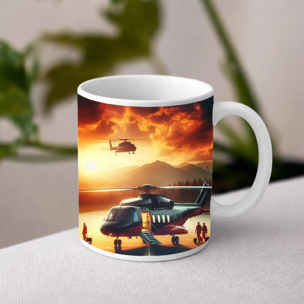 Helicopters on Tarmac Fiery Sunset Sky – Mugs
