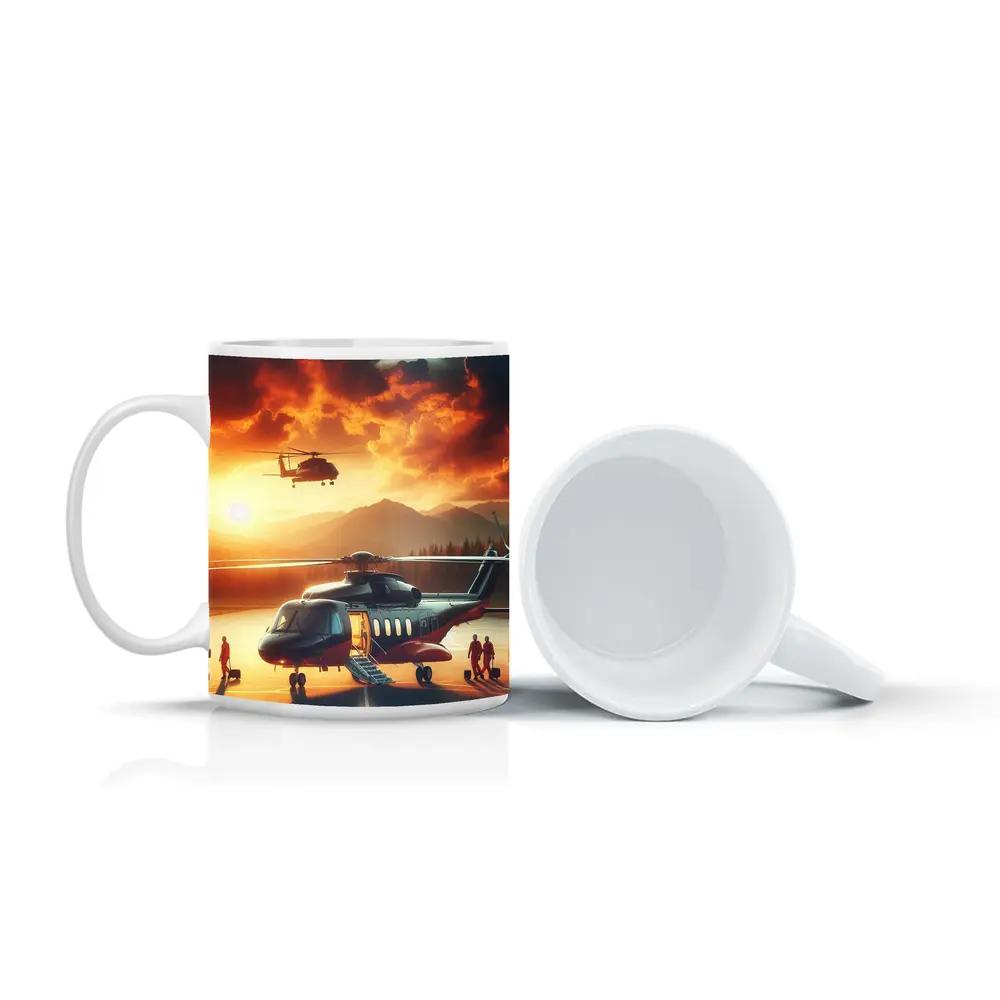 Helicopters on Tarmac Fiery Sunset Sky – Mugs