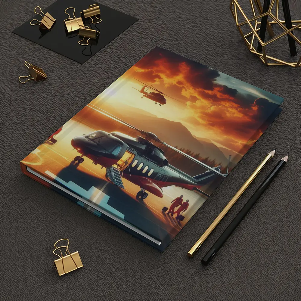 Helicopters on Tarmac Fiery Sunset Sky – Notebooks