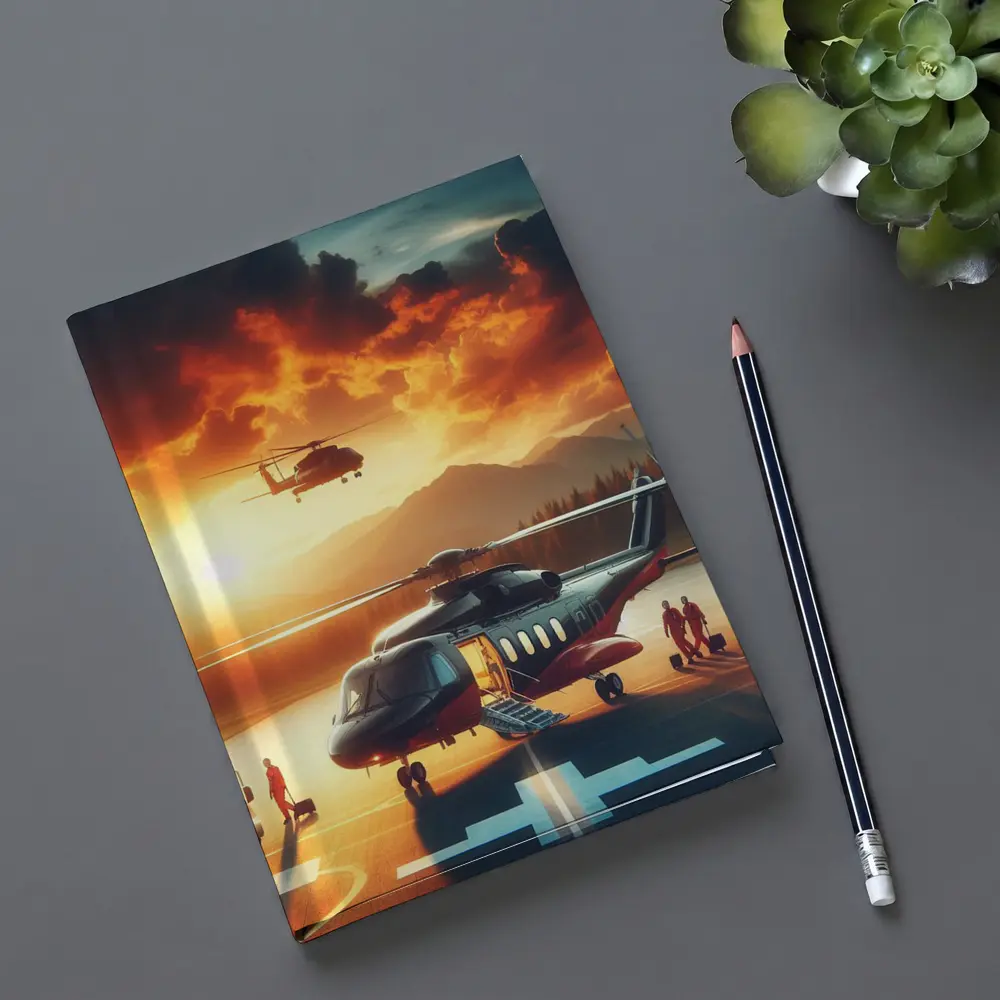 Helicopters on Tarmac Fiery Sunset Sky – Notebooks