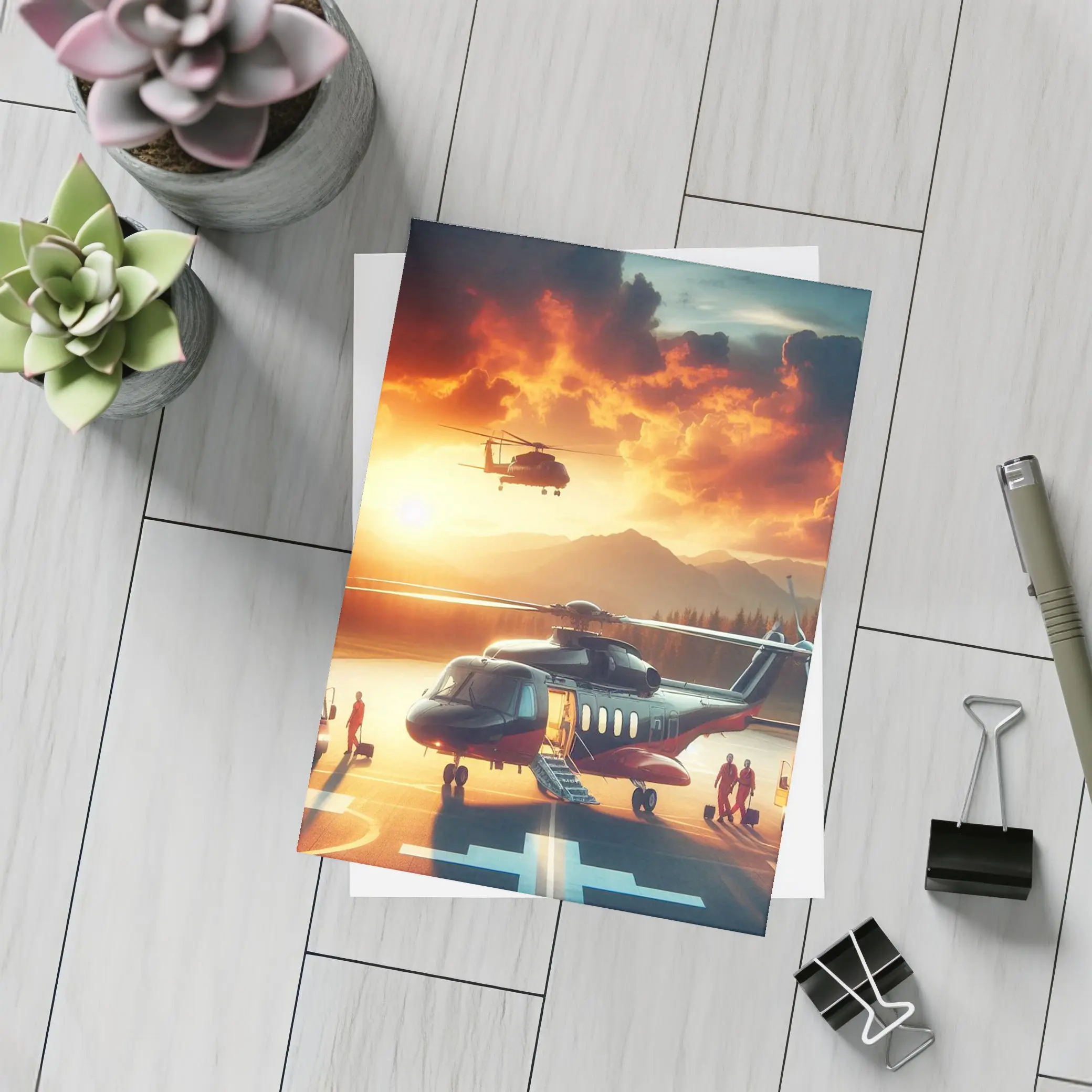 Helicopters on Tarmac Fiery Sunset Sky – Postcards