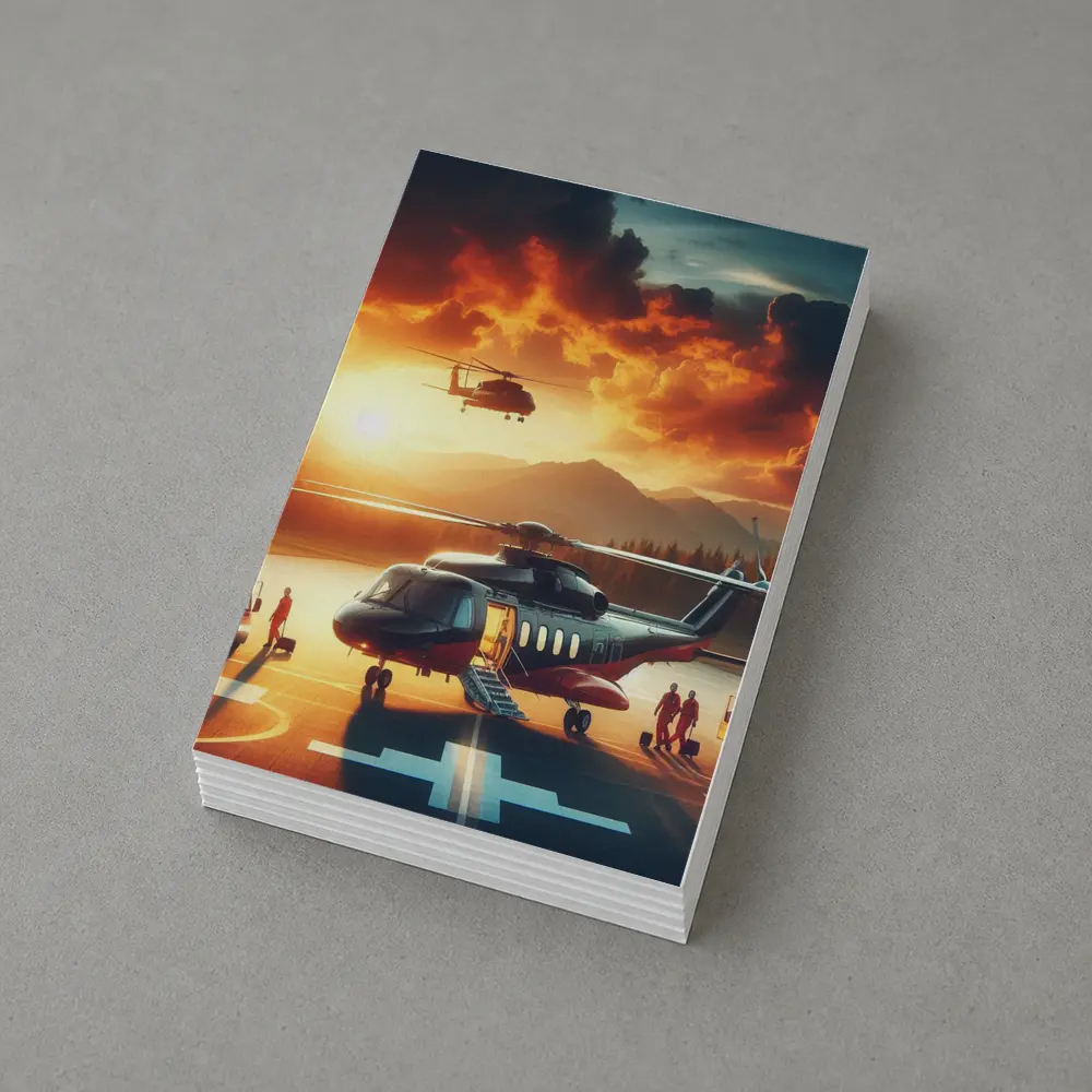 Helicopters on Tarmac Fiery Sunset Sky – Postcards