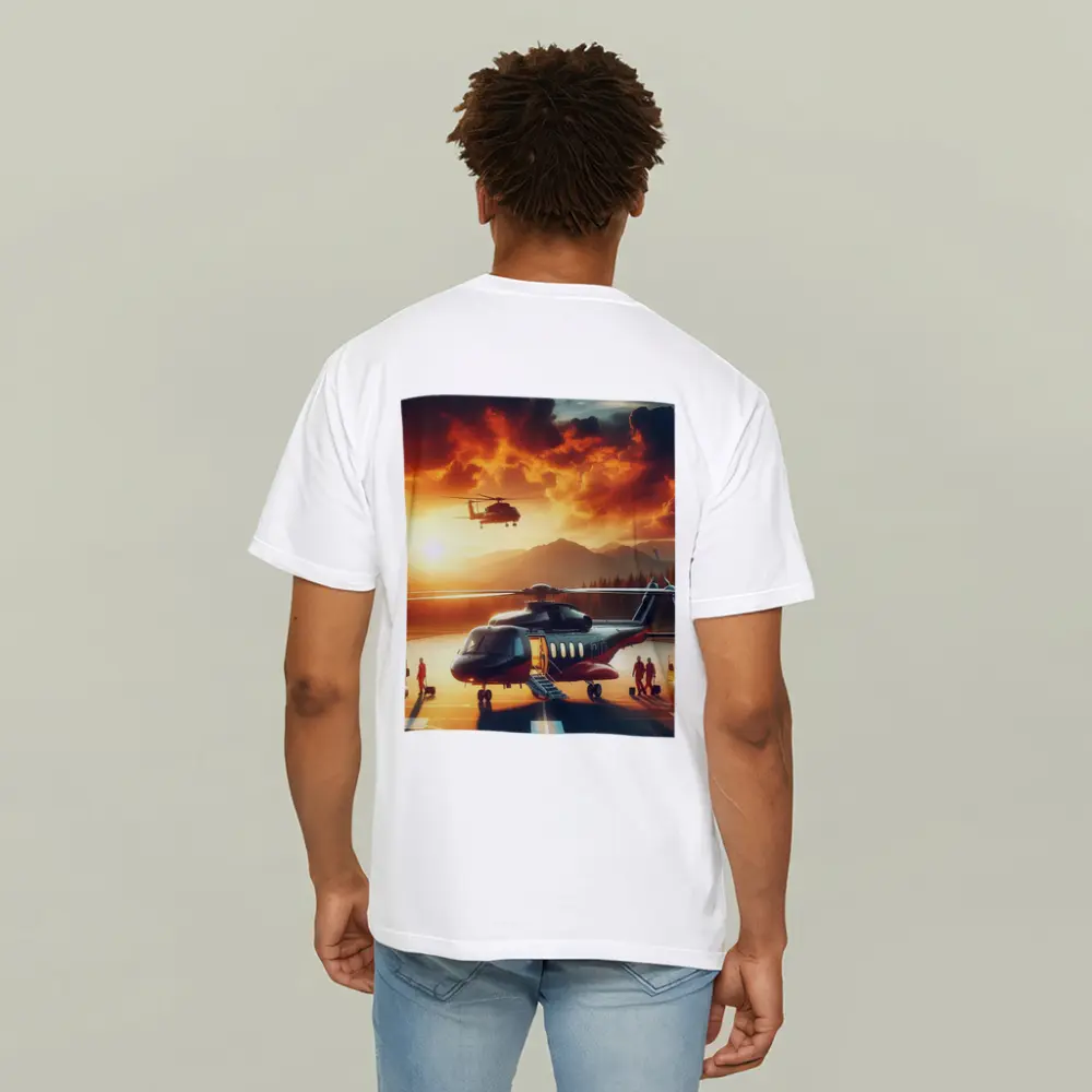 Helicopters on Tarmac Fiery Sunset Sky – T-Shirts