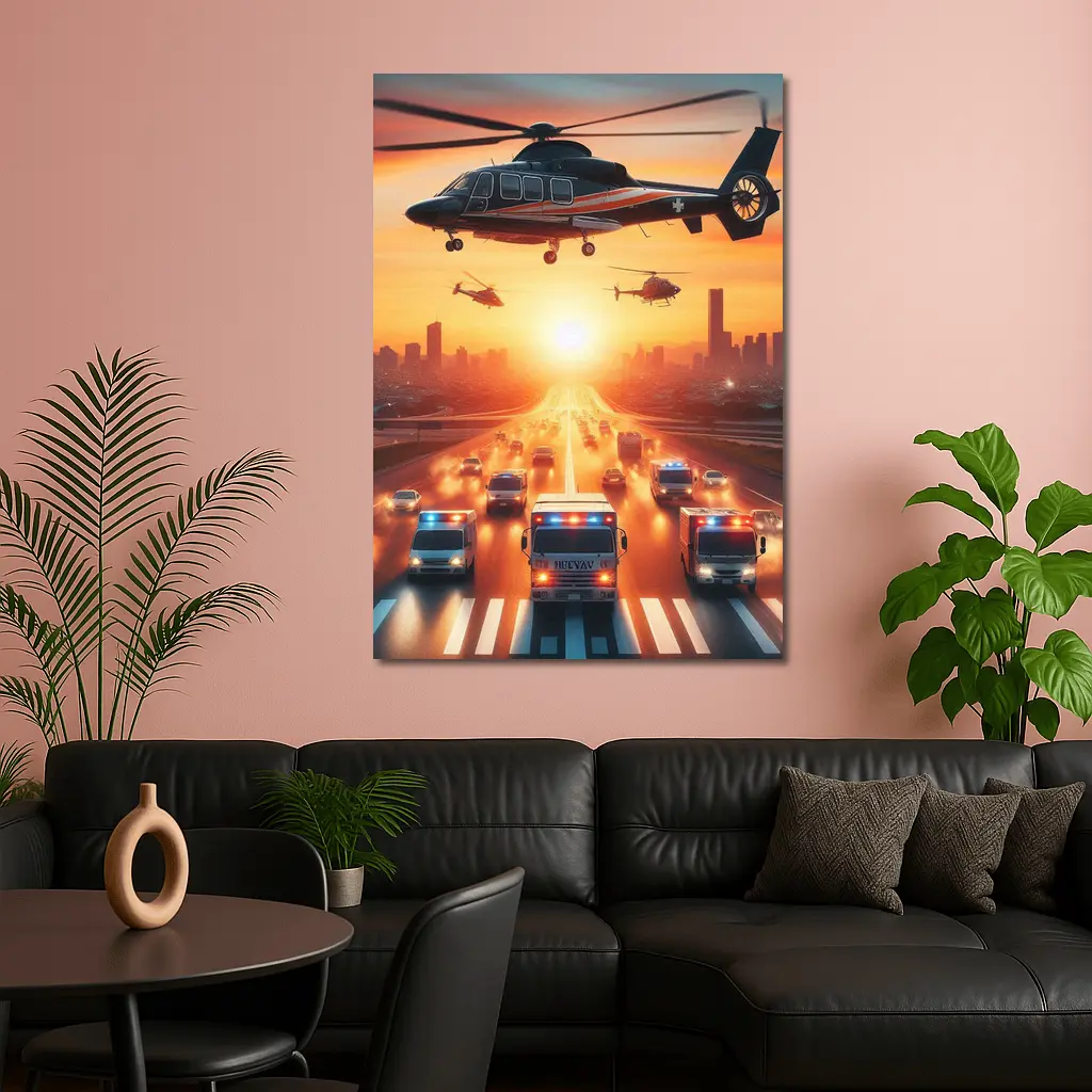 Emergency Helicopters Ambulances City Sunset Scene – Wall Art