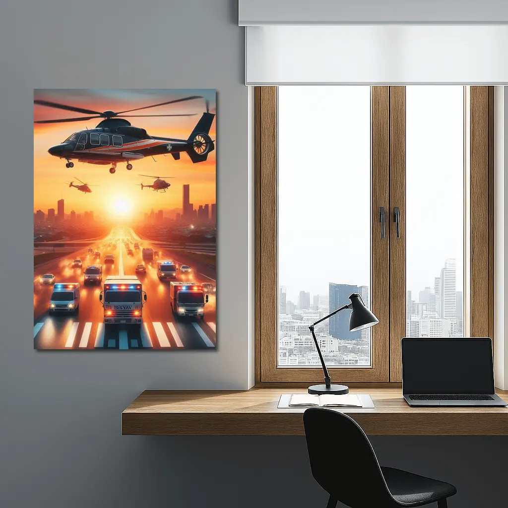 Emergency Helicopters Ambulances City Sunset Scene – Wall Art