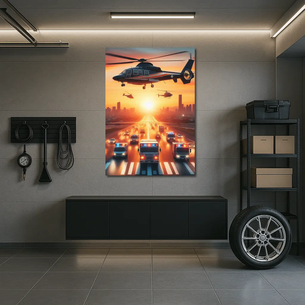 Emergency Helicopters Ambulances City Sunset Scene – Wall Art