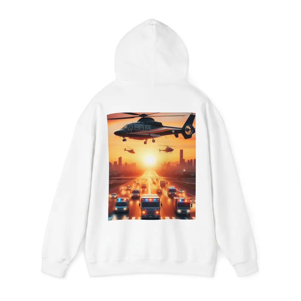 Emergency Helicopters Ambulances City Sunset Scene – Hoodies