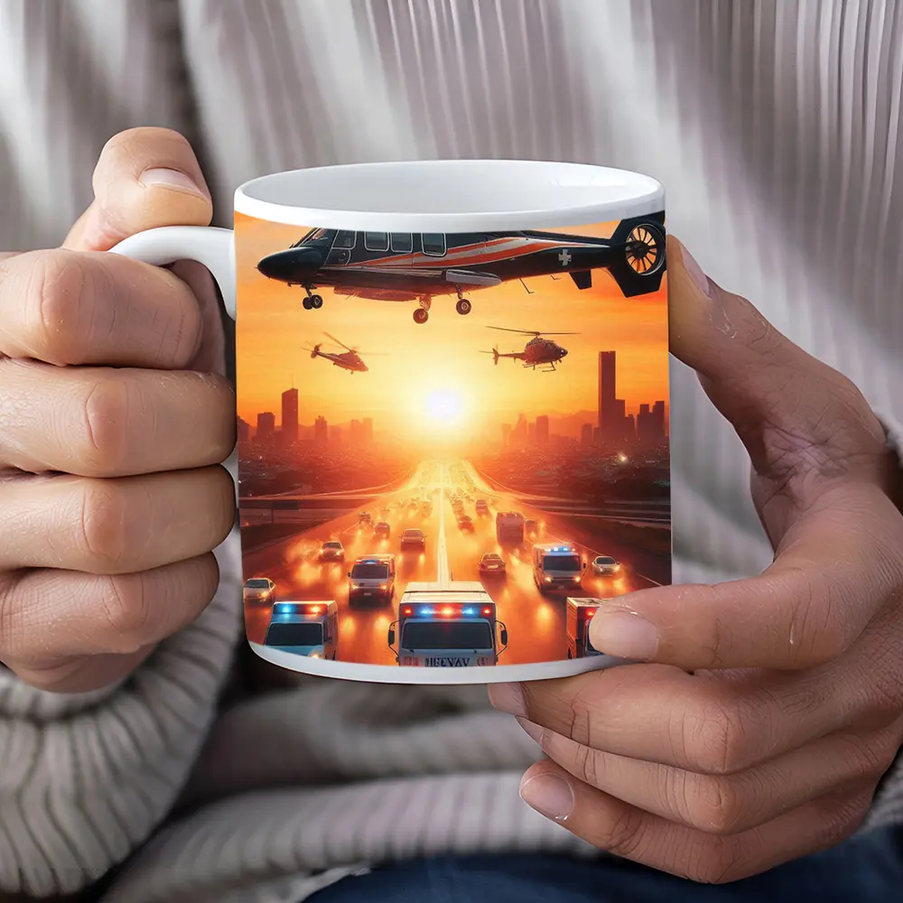 Emergency Helicopters Ambulances City Sunset Scene – Mugs