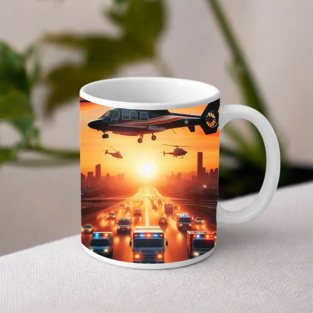 Emergency Helicopters Ambulances City Sunset Scene – Mugs