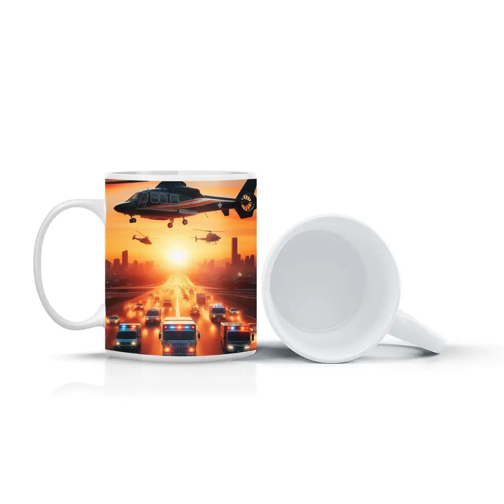 Emergency Helicopters Ambulances City Sunset Scene – Mugs