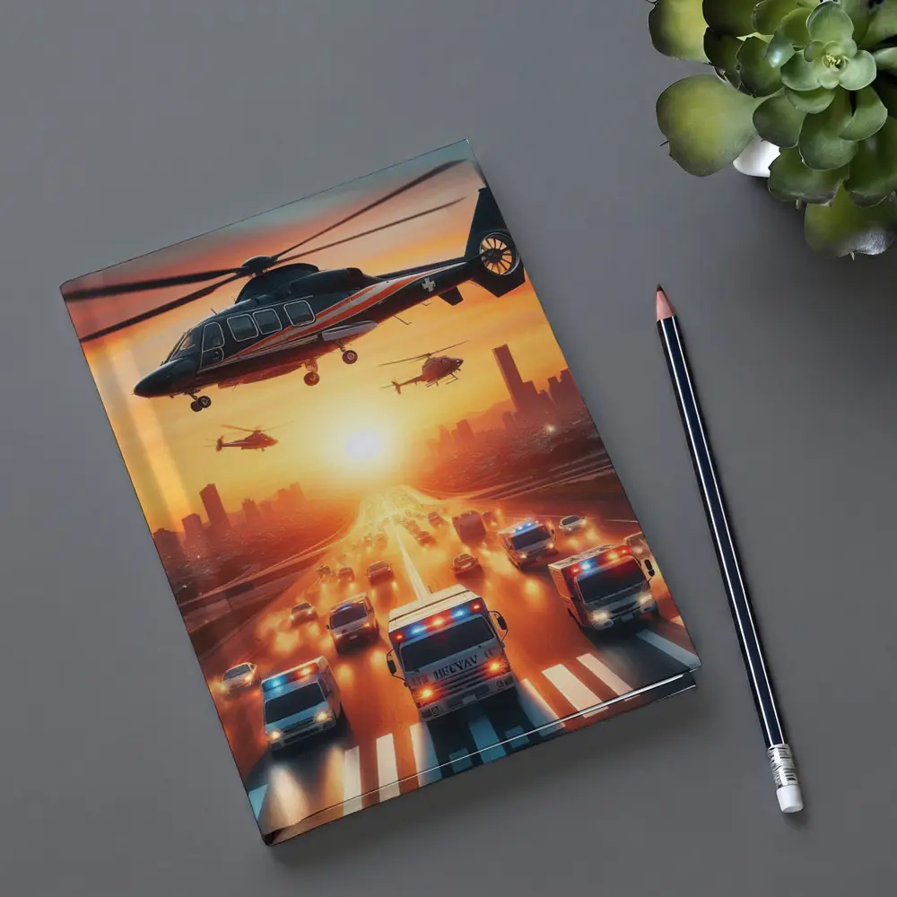 Emergency Helicopters Ambulances City Sunset Scene – Notebooks