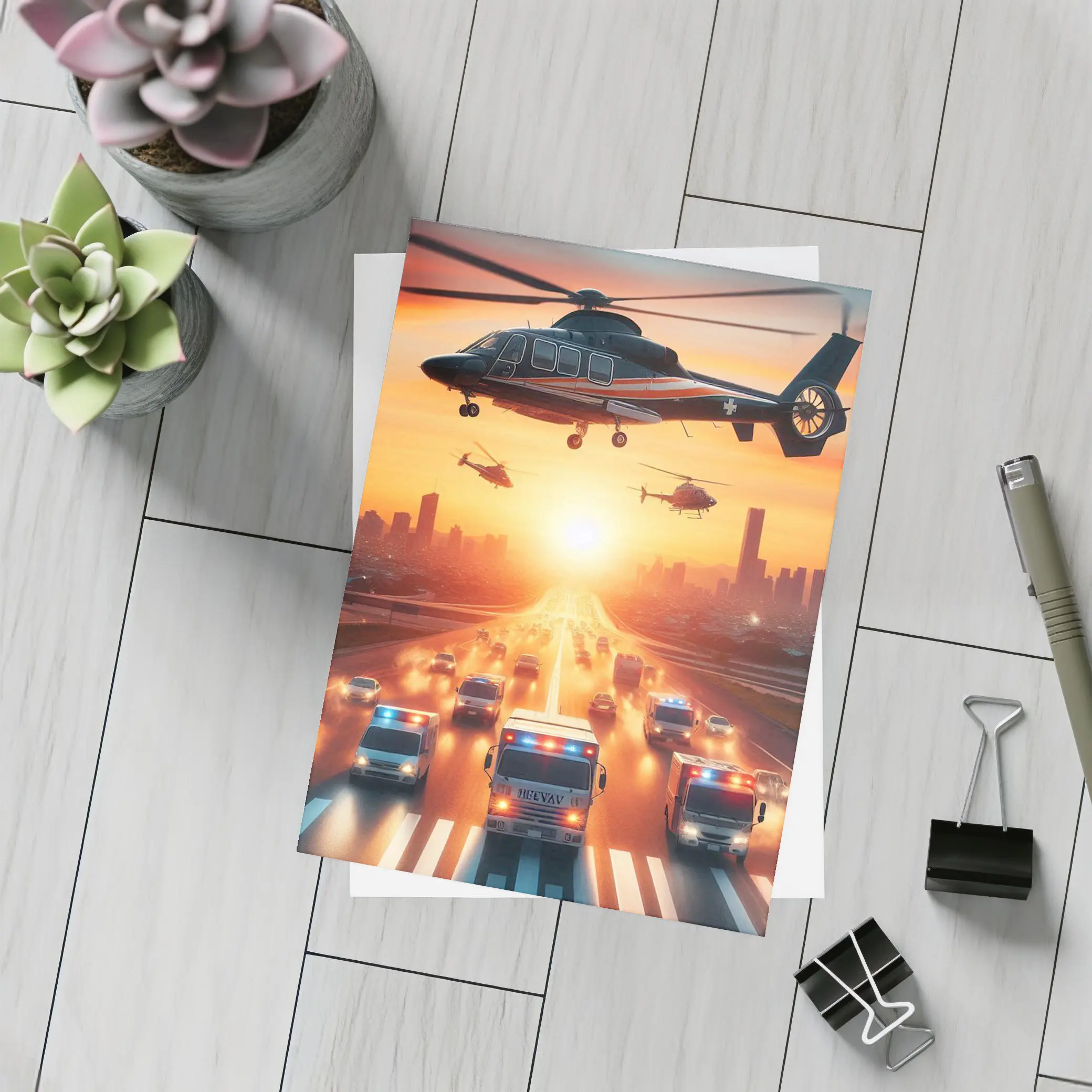 Emergency Helicopters Ambulances City Sunset Scene – Postcards