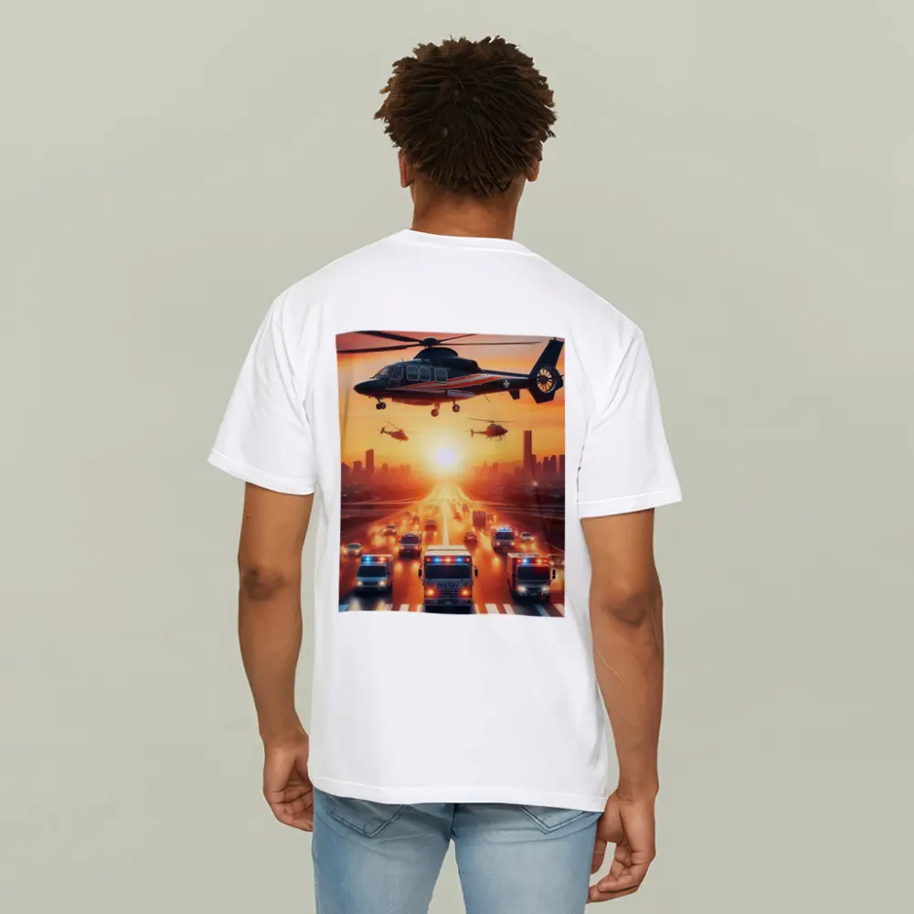 Emergency Helicopters Ambulances City Sunset Scene – T-Shirts