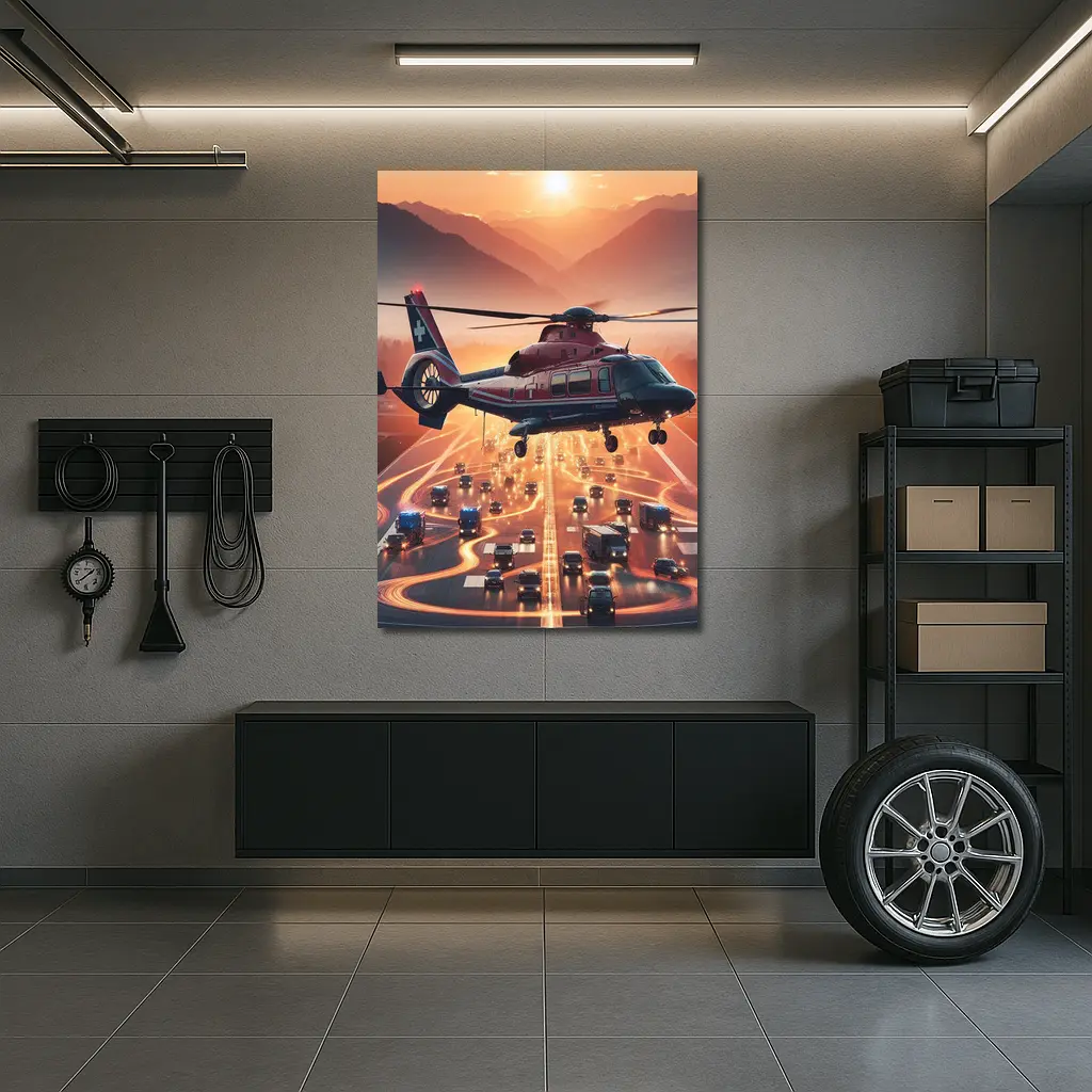 Medical Helicopter Flying Over Busy Highway Sunset – Wall Art