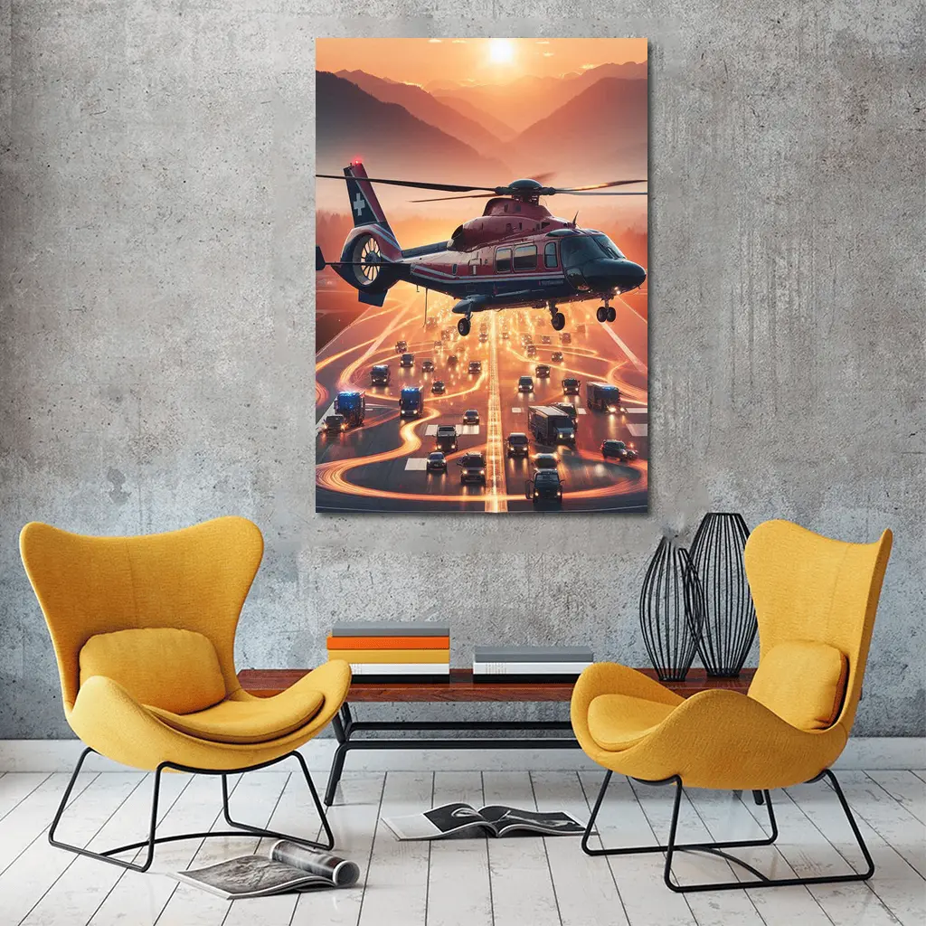 Medical Helicopter Flying Over Busy Highway Sunset – Wall Art