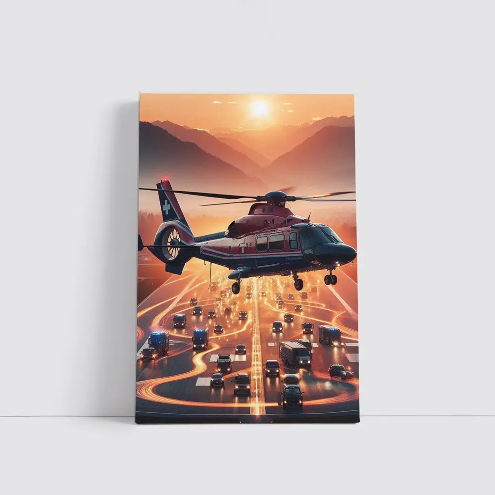 Medical Helicopter Flying Over Busy Highway Sunset – Wall Art