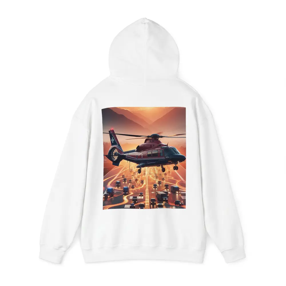 Medical Helicopter Flying Over Busy Highway Sunset – Hoodies