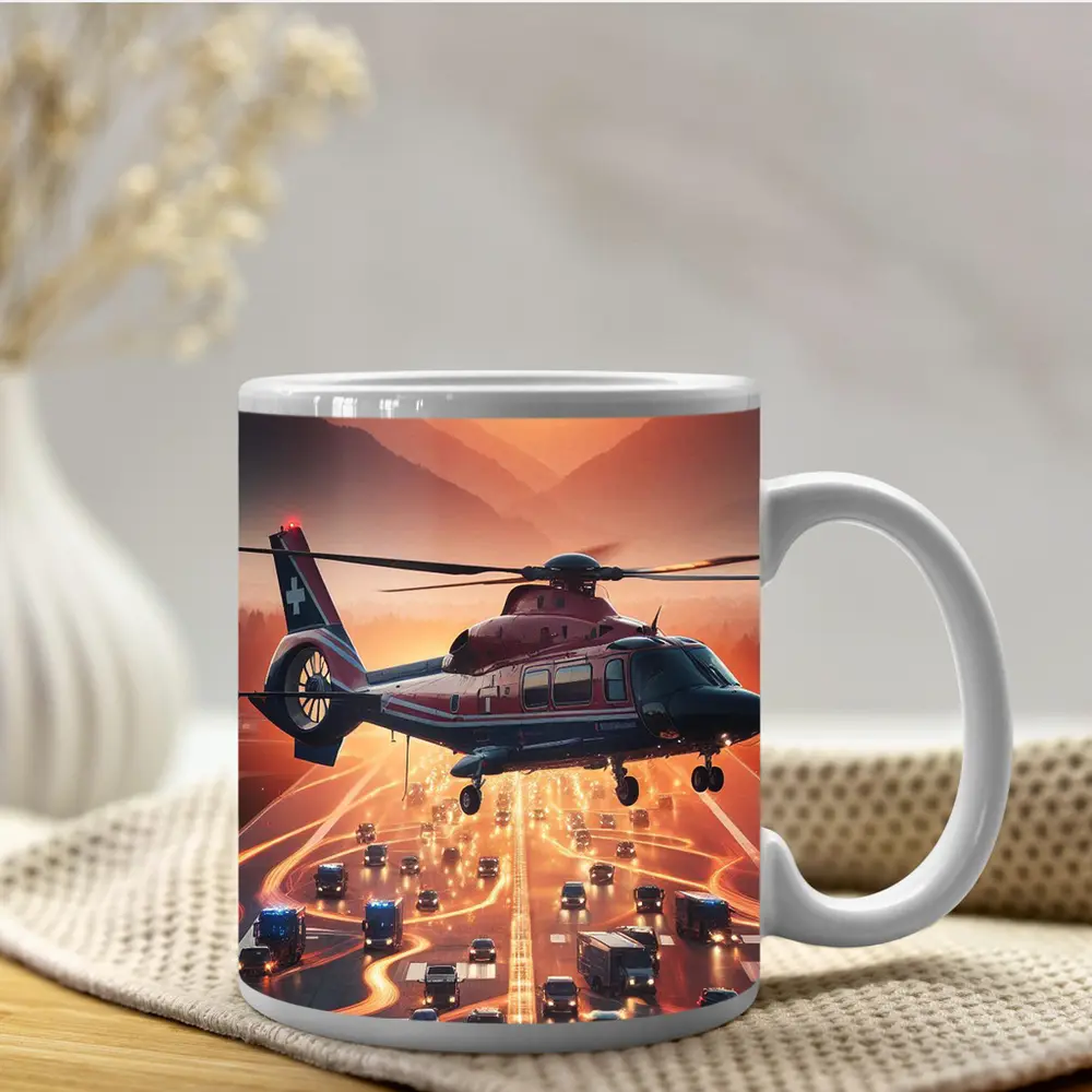 Medical Helicopter Flying Over Busy Highway Sunset – Mugs